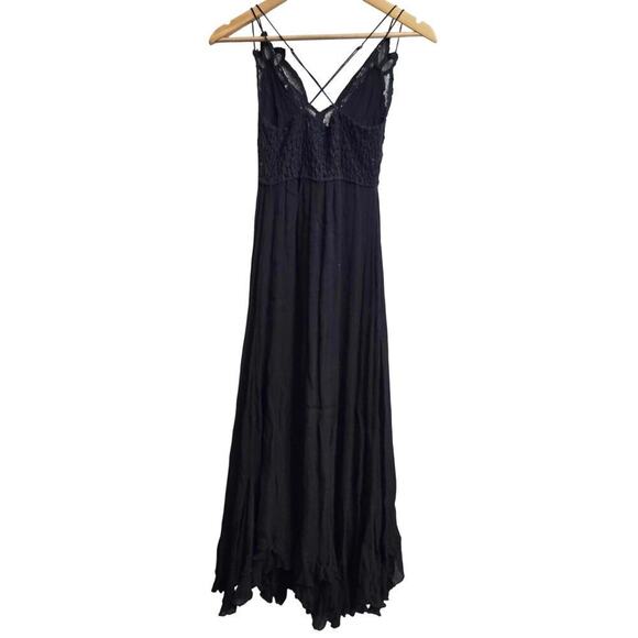 FP One Black Adella Maxi Slip Dress S Whimsigoth Boho Gauzy Lace Strappy Flowy - Picture 5 of 11